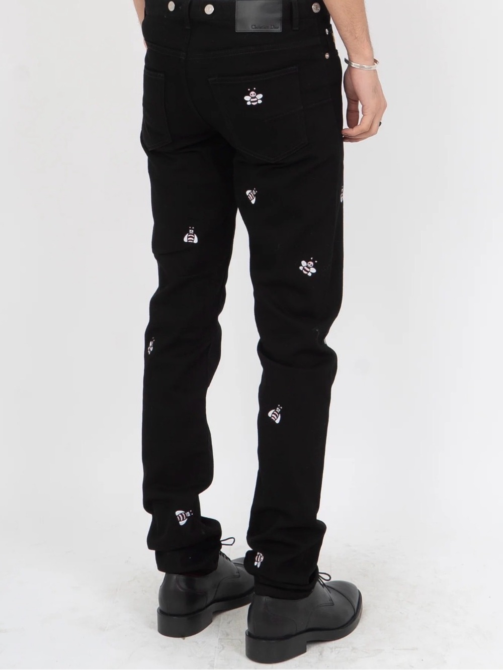 Dior Black Slim Jeans with White Bee & Paw Embroidered Motifs